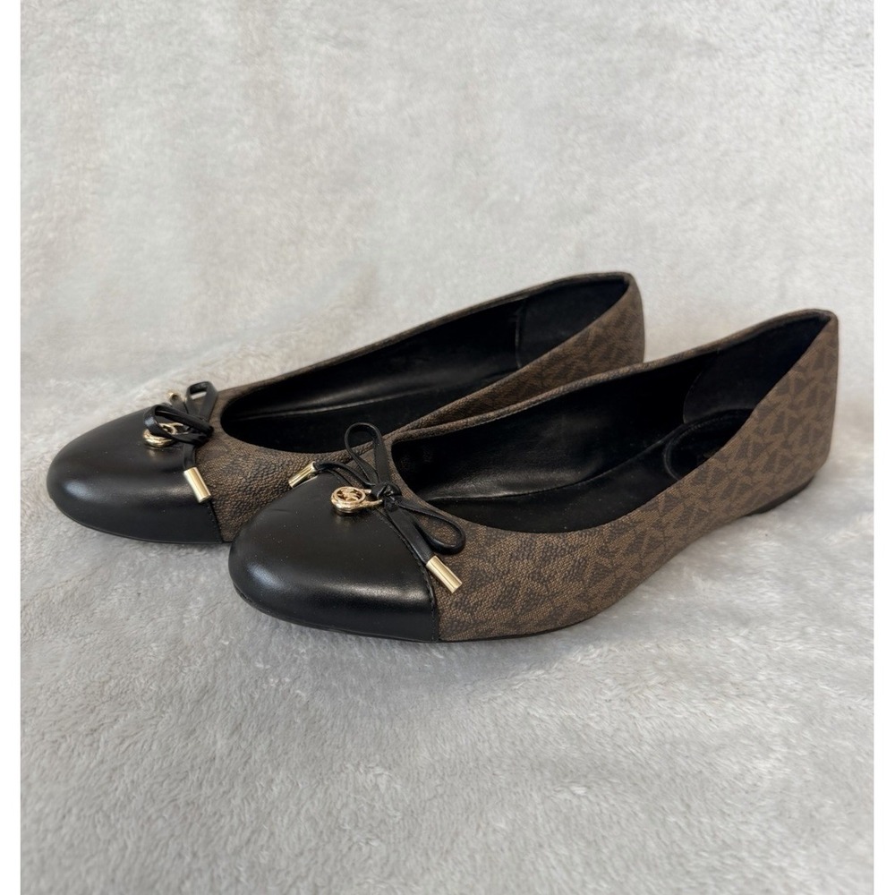 Michael Kors Melody Ballet Flat Sz 9  Brown Black Bow Faux Leather Shoes Slip-On